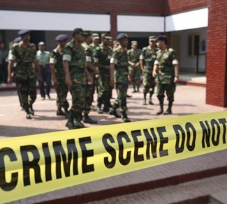 Members of an army investigation team inspect the grounds of the Bangladesh Rifles in Dhaka