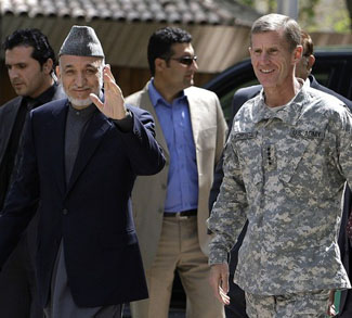 Afghanistan's President Karzai and US And NATO commander General McChrystal arrive at the ISAF headquarter in Kabul