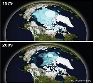 NOAA images show September Arctic sea ice in 1979 and 2009