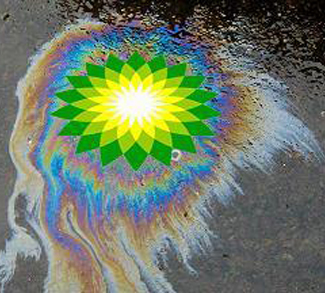 BP logo over areal footage of oil spill