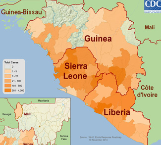 Ebola distribution map Nov 14, CC CDC