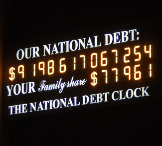 Us Debt Clock in 2008. The total debt has since grown to over $16 trillion. CC Flickr Jason Kuffer