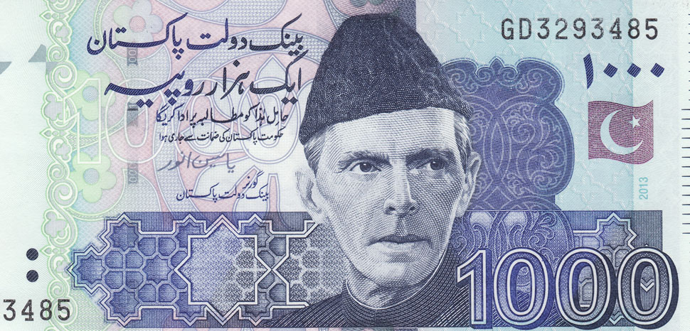 PakistanRupee, cc Abbas dhothar , modified, https://en.wikipedia.org/wiki/Pakistani_rupee#/media/File:PKR_Rs_1000.jpg