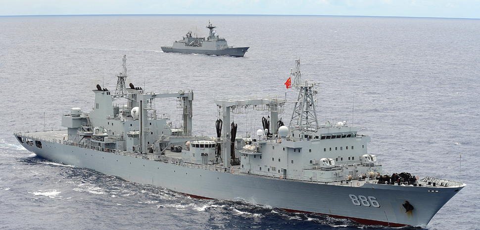 People's Liberation Army (Navy) ship PLA(N) Qiandaohu (AO 886) (foreground) and Republic of Korea Navy ship ROKS Wang Geon (DDH 978) steam in close formation as two of 42 ships and submarines representing 15 international partner nations during Rim of the Pacific (RIMPAC) Exercise 2014. Twenty-two nations, 49 ships, six submarines, more than 200 aircraft and 25,000 personnel are participating in RIMPAC exercise from June 26 to Aug. 1 in and around the Hawaiian Islands and Southern California. The world's largest international maritime exercise, RIMPAC provides a unique training opportunity that helps participants foster and sustain the cooperative relationships that are critical to ensuring the safety of sea lanes and security on the world's oceans. RIMPAC 2014 is the 24th exercise in the series that began in 1971. (U.S. Navy photo by Mass Communication Specialist 1st Class Shannon Renfroe/Released) https://commons.wikimedia.org/wiki/File:People%27s_Liberation_Army_(Navy)_ship_PLA(N)_Qiandaohu_(AO_886)_(foreground)_and_Republic_of_Korea_Navy_ship_ROKS_Wang_Geon_(DDH_978)_steam_in_close_formation_during_Rim_o.jpg