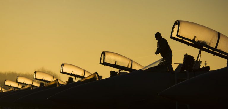 cc Flickr, modified, U.S. Department of Defense Current Photos, U.S. Air Force Staff Sgt. Joshua Matrine, a crew chief with the 159th Aircraft Maintenance Squadron, cleans the canopy on an F-15C Eagle aircraft assigned to the Louisiana Air National Guard at Leeuwarden Air Base, Netherlands, March 28, 2017. The 122nd Expeditionary Fighter Squadron, comprised of Louisiana and Florida Air National Guard members, conducted training alongside NATO allies to strengthen interoperability and demonstrate U.S. commitment to the security and stability of Europe. (U.S. Air Force photo by Staff Sgt. Jonathan Snyder)