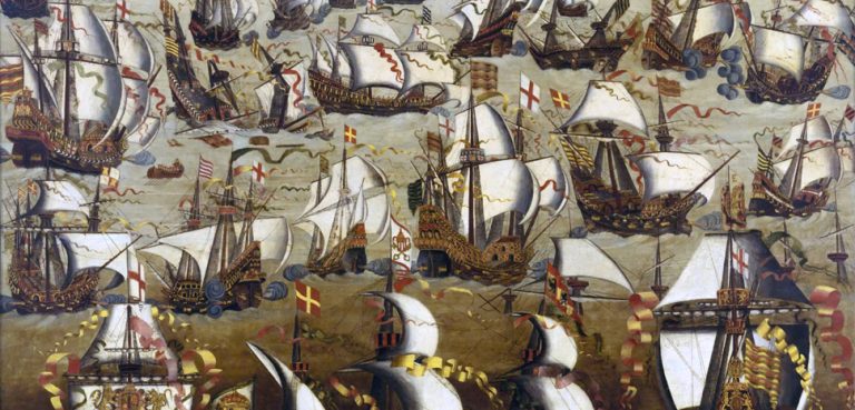 Painting of Spanish Armada, modified, public domain, https://en.wikipedia.org/wiki/Spanish_Armada#/media/File:Invincible_Armada.jpg