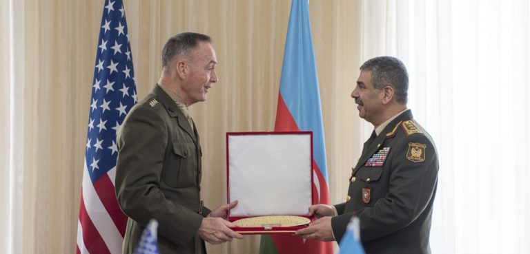 CC US Joint Chiefs of Staff, Flickr, modified, https://creativecommons.org/licenses/by/2.0/ Marine Corps Gen. Joseph F. Dunford Jr., chairman of the Joint Chiefs of Staff, meets with Col. Gen. Zakhir Hasanov, Azerbaijan Minister of Defense, and Col. Gen. Najmaddin Sadikhov, chief of General Staff of Azerbaijani Armed Forces, to discuss the status of the relationship between the military forces of the United States and Azerbaijan at the Ministry of Defense in Baku, Azerbaijan Feb. 16, 2017. (Dept. of Defense photo by Navy Petty Officer 2nd Class Dominique A. Pineiro/Released)