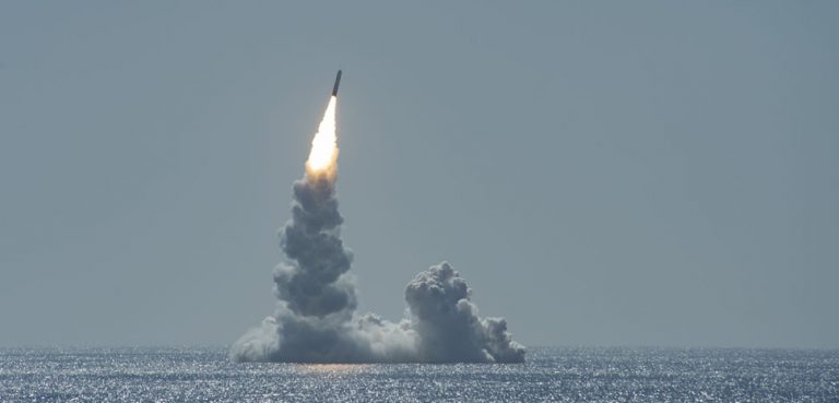 cc Flickr Official U.S. Navy Page, modified, https://creativecommons.org/licenses/by/2.0/, PACIFIC OCEAN (Feb. 12, 2020) An unarmed Trident II (D5LE) missile launches from Ohio-class ballistic missile submarine USS Maine (SSBN 741) off the coast of San Diego, California, Feb. 12, 2020. The test launch was part of the U.S. Navy Strategic Systems Programs’ demonstration and shakedown operation certification process. The successful launch demonstrated the readiness of the SSBN’s strategic weapon system and crew following the submarine’s engineered refueling overhaul. This launch marks 177 successful missile launches of the Trident II (D5 & D5LE) strategic weapon system. (U.S. Navy Photo by Mass Communication Specialist 2nd Class Thomas Gooley/Released)