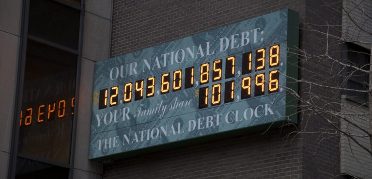 The US federal debt has more than doubled since this photograph of the debt clock was taken in 2009. cc Flickr Nick Webb, modified, https://creativecommons.org/licenses/by/2.0/
