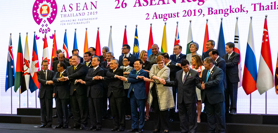 U.S. Secretary of State Michael R. Pompeo participates in the ASEAN Regional Forum Ministerial in Bangkok, Thailand, on August 2, 2019. [State Department Photo by Ron Przysucha/ Public Domain], cc Flickr U.S. Department of State, modified, http://www.usa.gov/copyright.shtml